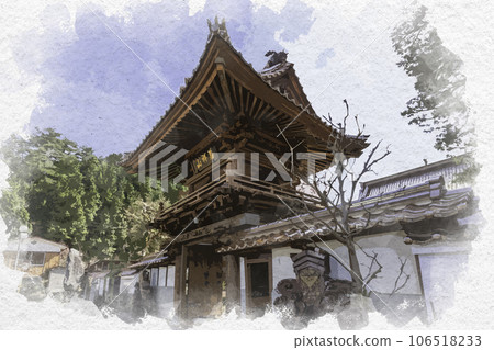 Watercolor-style Wakasa-juku Ryutoku-ji temple gate Wakasa-cho, Yazu-gun, Tottori prefecture 106518233