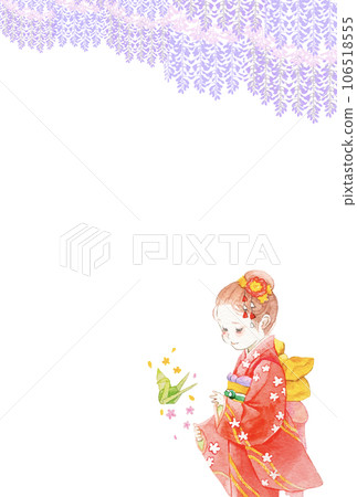 Japanese style watercolor frame illustration of wisteria flowers and a girl in a kimono 106518555