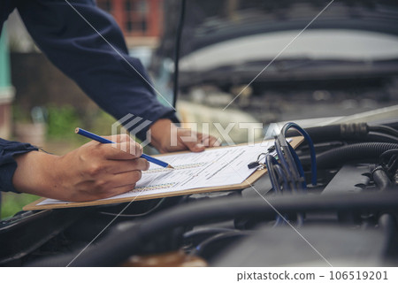 Mechanic car service auto garage in automotive mobile center. Technician workshop repair engine motor vehicles service mechanical engineering business. Automobile mechanic hands car repairs technic 106519201