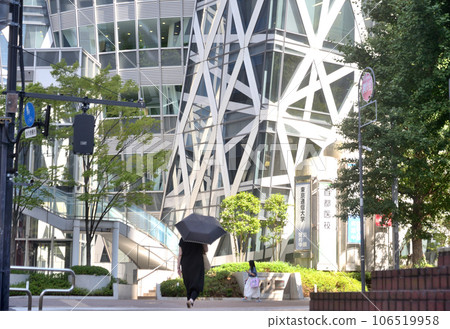 A woman holding a parasol while walking by a high-rise building near Shinjuku West Exit A woman holding a parasol while walking by a high-rise building near Shinjuku West Exit 106519958