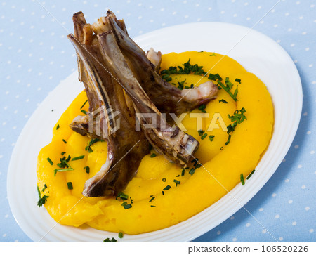 Tasty lamb ribwith mashed potato and greens, dish of norwegian cuisine pinnekjott 106520226