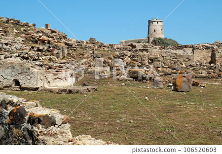 Spanish towers seen from the ruins of Nola in Sardinia 106520603
