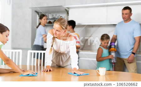 Teenage girls wash dining tables and help to do household chores, family day. Teenage girls wash dining tables and help to do household chores, family day. 106520662