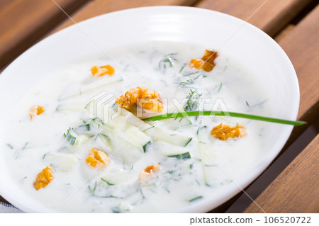 Bulgarian soup Tarator in white bowl 106520722