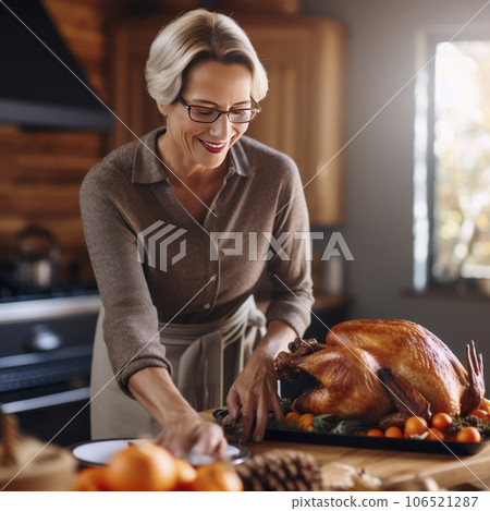lifestyle photo mother carving turkey for thanksgiving - AI MidJourney 106521287