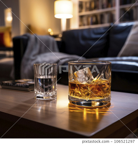 lifestyle photo glass of whisky on table in home den - AI MidJourney 106521297