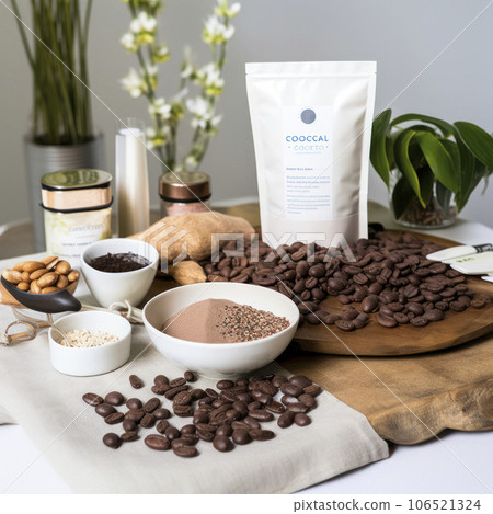 lifestyle photo table with cocoa bean plus powder and bar - AI MidJourney 106521324