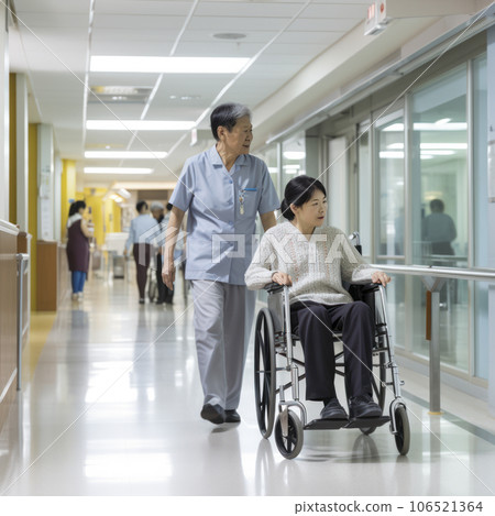 lifestyle photo asian nurse with wheelchair - AI MidJourney 106521364