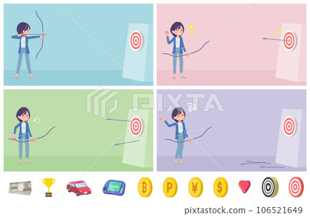 A set of public relations women aiming at a target with a bow and arrow 106521649