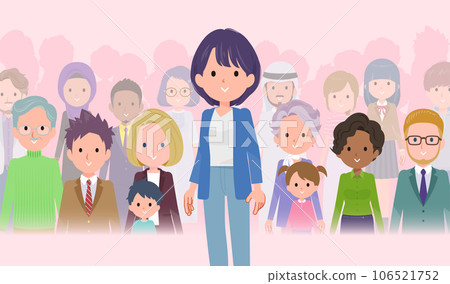 A set of public relations women standing in front of a large number of people A set of public relations women standing in front of a large number of people 106521752