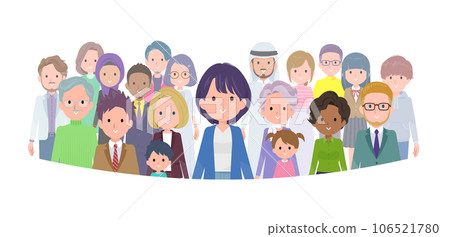 A set of public relations women standing in front of a large number of people 106521780