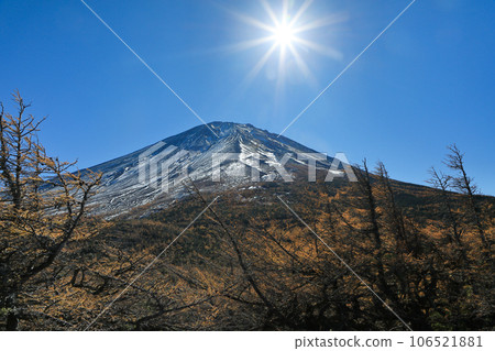 從山梨縣鳴澤村富士山五合目奧庭自然公園眺望富士山山頂的秋景 從山梨縣鳴澤村富士山五合目奧庭自然公園眺望富士山山頂的秋景 106521881