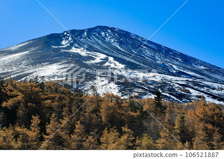 從山梨縣鳴澤村富士山五合目奧庭自然公園眺望富士山山頂的秋景 106521887