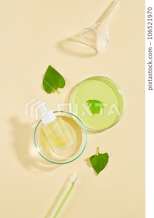 Two petri dishes containing unbranded dropper bottle and green liquid. Flat lay. Blood sugar levels can be lowered by eating raw fish mint Two petri dishes containing unbranded dropper bottle and green liquid. Flat lay. Blood sugar levels can be lowered by eating raw fish mint 106521970