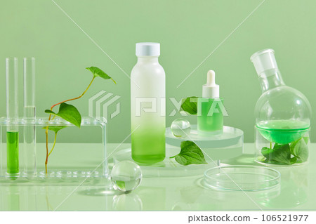 Natural concept of fish mint leaves and cosmetic bottles on laboratory table. Fish mint (Houttuynia cordata) is loaded with antioxidants that help protect your body 106521977