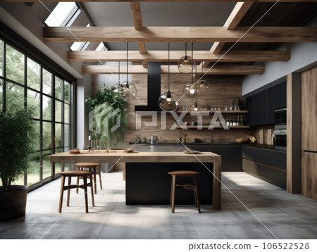Modern contemporary wooden kitchen room. Generative AI 106522528