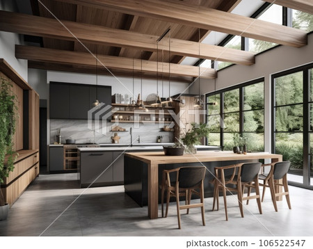 Modern contemporary wooden kitchen room. Generative AI Modern contemporary wooden kitchen room. Generative AI 106522547
