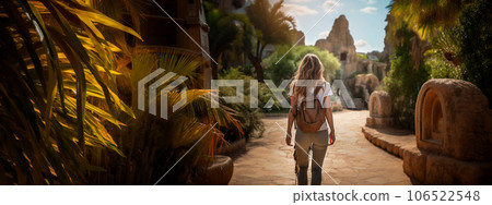 長發旅行的女人在自然廢墟中行走 牛仔褲 AI 圖像 長發旅行的女人在自然廢墟中行走 牛仔褲 AI 圖像 106522548