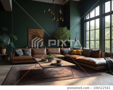 Dark green bohemian living room with leather couch. Generative AI 106522581