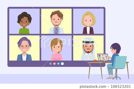 A set of public relations women having a video chat with multiple people 106523201