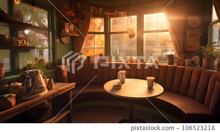 Interior perspective of a warm cafe where sunlight shines in Generative AI 106523218