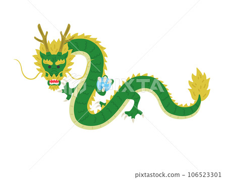 Illustration of a dragon facing front, holding a ball, and flying 106523301