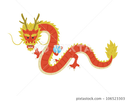 Illustration of a flying red dragon facing forward and holding a ball Illustration of a flying red dragon facing forward and holding a ball 106523303