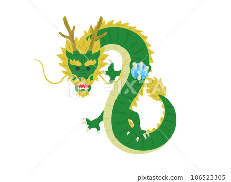 Illustration of a dragon facing forward and holding a ball Illustration of a dragon facing forward and holding a ball 106523305