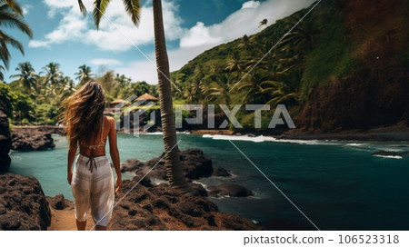 Unexplored beach resort vacation woman traveling long hair swimsuit sea AI image 106523318