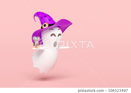 3d halloween day concept with cute ghost flying, witch hat, owl isolated on pink background. holiday party, 3d render illustration 3d halloween day concept with cute ghost flying, witch hat, owl isolated on pink background. holiday party, 3d render illustration 106523497