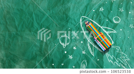 Back to school theme with hand drawn rocket and colored pencils 106523538