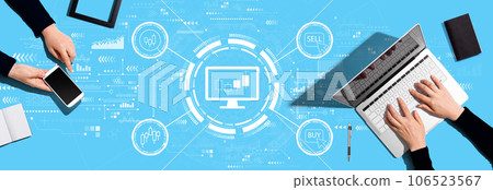 Stock trading theme with people working together Stock trading theme with people working together 106523567