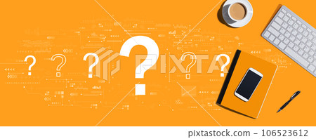 Question marks with computer keyboard and office items Question marks with computer keyboard and office items 106523612
