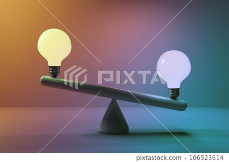 Two lightbulbs on a seesaw - 3D Two lightbulbs on a seesaw - 3D 106523614