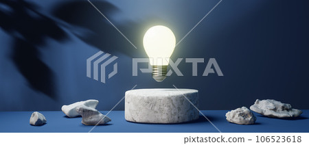 Light bulb on a podium with shadow of leaves - 3D 106523618