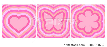 Groovy backgrounds with heart flower and butterfly. Retro psychedelic pink tunnel illustration. 60s 70s cartoon design for poster. Y2K romantic wallpaper. Vector art 106523632