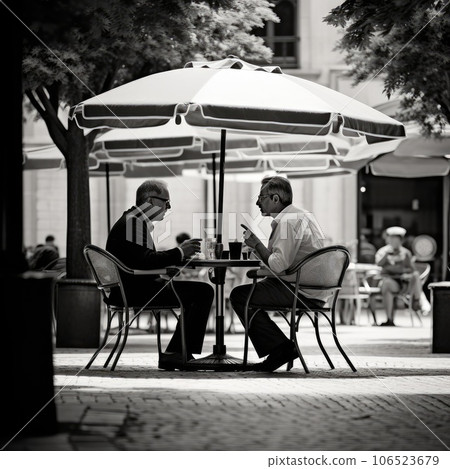discussing deal, sharing startup ideas, business partners negotiations or job interview, vintage tone. AI Generative. 106523679