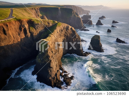 Aerial view of rocky coastline. Waves hitting in rocks. Birds eye view of the sea, cinimatic sea and moutain view. AI Generative. 106523690
