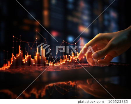 Hand of businessman pointing touch to chart financial goals. finger economic business graph planning forecast marketing grow investment concept.  AI Generative. 106523885