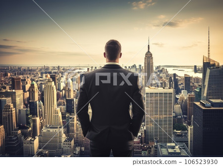 Business and Successful concept, Young successful business man with city background. looking forward to city building. AI Generative. 106523930