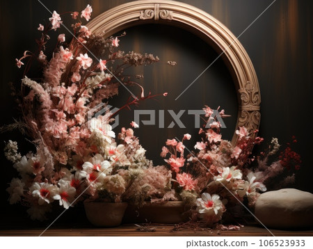 floral hoop digital backdrops. shoot set up with prop Flower and wood backdrop. AI Generative. 106523933