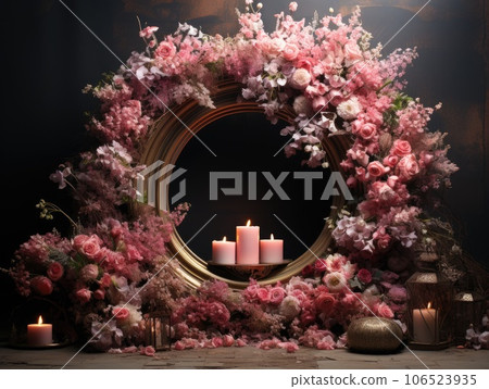 floral hoop digital backdrops. shoot set up with prop Flower and wood backdrop. AI Generative. 106523935