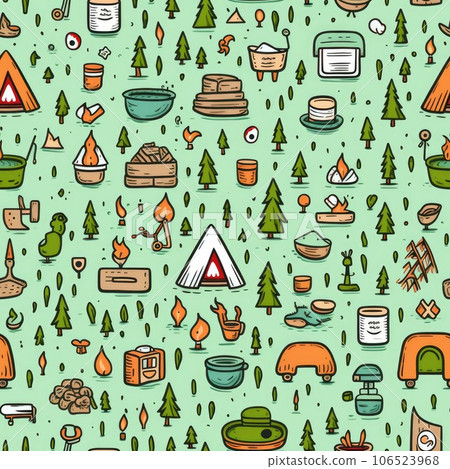 Cute hand drawn seamless pattern with camping doodles, tents, landscape and trails, great for textiles, banners, wallpapers. AI Generative. 106523968
