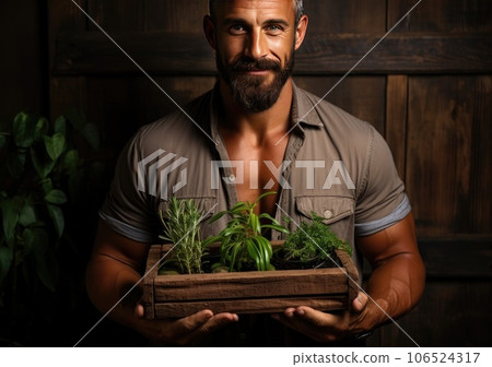 Young farmer with freshly picked vegetable in basket. Hand holding wooden box with vegetables in field. Fresh Organic Vegetable. AI Generative. 106524317
