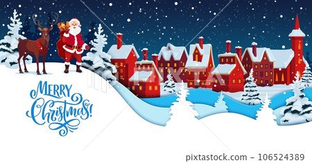 Cartoon paper cut winter town and Santa with deer, Christmas holiday vector background. Merry Christmas greeting in paper cut double exposition of Satna with gifts and reindeer in snowy town village Cartoon paper cut winter town and Santa with deer, Christmas holiday vector background. Merry Christmas greeting in paper cut double exposition of Satna with gifts and reindeer in snowy town village 106524389