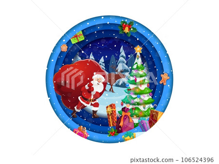 Christmas paper cut banner, cartoon Santa with gifts bag, pine tree and deer, vector winter forest landscape. Christmas holiday or New Year greeting card in paper cut layers with Santa and reindeer 106524396
