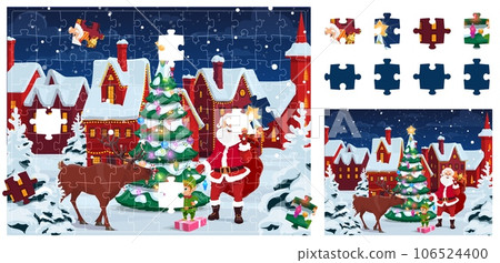 Jigsaw puzzle game pieces, Christmas landscape with Santa, reindeer and elf at holiday tree, vector template. Christmas or New Year jigsaw pieces and puzzle parts cartoon winter landscape background Jigsaw puzzle game pieces, Christmas landscape with Santa, reindeer and elf at holiday tree, vector template. Christmas or New Year jigsaw pieces and puzzle parts cartoon winter landscape background 106524400
