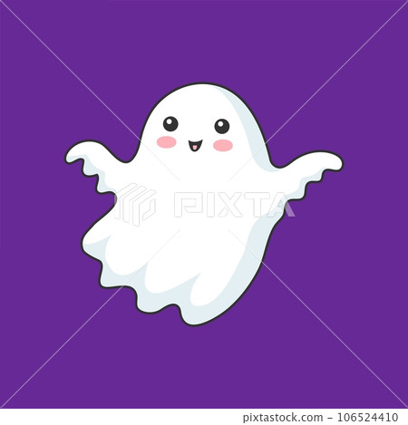 Cartoon kawaii Halloween ghost boo, funny flying poltergeist vector spooky character. Halloween holiday cute happy cheerful ghost or boo creepy monster for kids trick or treat party 106524410