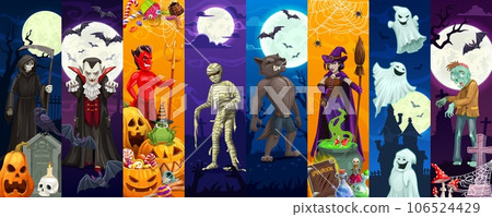 Halloween characters collage with spooky monsters of horror night holiday, cartoon vector. Halloween holiday scary pumpkins, zombie and mummy, witch with vampire, werewolf and ghosts at cemetery Halloween characters collage with spooky monsters of horror night holiday, cartoon vector. Halloween holiday scary pumpkins, zombie and mummy, witch with vampire, werewolf and ghosts at cemetery 106524429