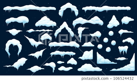 Cartoon christmas snow and ice caps with icicles. Isolated vector set of snowballs and snowdrifts. Winter snowy decoration elements. Long and short icy roof framing, window corners, piles and stripes 106524432